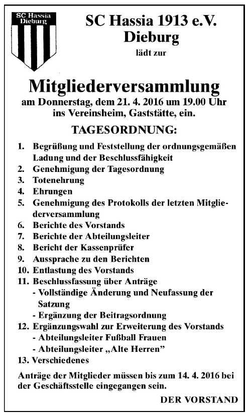 Mitgliederversammlung am 21.4.2016 um 19:oo Uhr