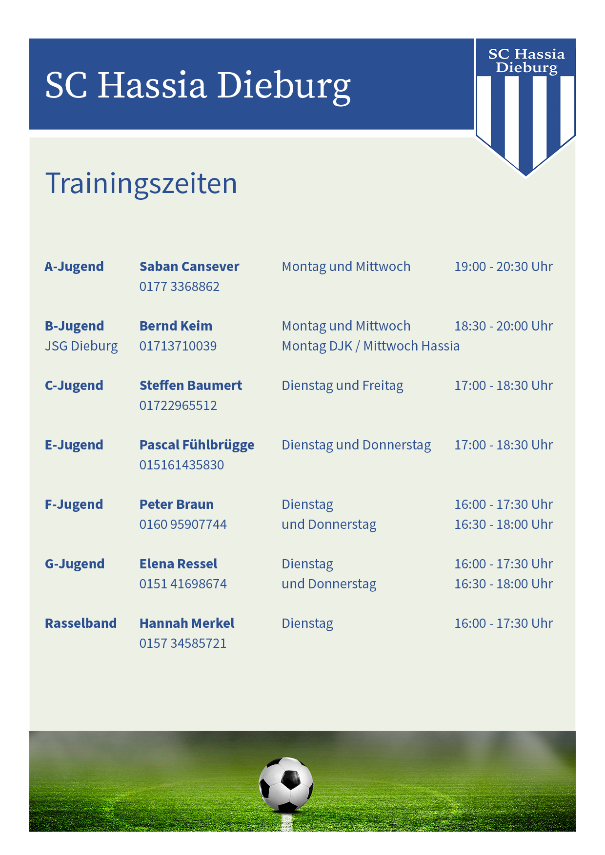 Trainingszeiten Jugend